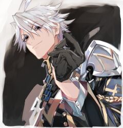  1boy ahoge aiguillette armor black_eyes black_gloves black_jacket closed_mouth empty_eyes english_commentary facepaint fate/grand_order fate_(series) gloves hair_between_eyes half_gloves hand_up jacket james_moriarty_(ruler)_(fate) james_moriarty_(ruler)_(second_ascension)_(fate) lightning_ahoge long_sleeves looking_at_viewer m-tobiei male_focus no_pupils parted_bangs short_hair shoulder_armor smile snapping_fingers solo upper_body white_hair 