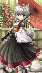  animal_ears blush bridal_gauntlets camellia_(flower) detached_sleeves flower hat highres inubashiri_momiji japanese_clothes kei_(pixiv) kei_kei obi oriental_umbrella parasol red_eyes short_hair silver_hair smile solo tabi tail tassel tokin_hat touhou umbrella white_hair wolf_ears wolf_tail 