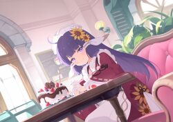  1girl ahoge birthday_cake blunt_tresses cake couch flower food fruit game_cg hair_flower hair_ornament highres indoors japanese_clothes kimono layered_sleeves long_sleeves looking_at_viewer maid maid_headdress nanoha_(stella_sora) non-web_source official_art on_couch purple_hair red_kimono shrug_(clothing) sitting solo stella_sora strawberry strawberry_slice sunflower sunflower_hair_ornament violet_eyes wa_maid white_shrug window 