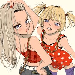  2girls belt black_bra blonde_hair bra bra_peek breasts chain closed_mouth collarbone commentary_request dress fanged_bangs fingernails gold_chain hair_pulled_back hair_tie highres long_hair looking_at_viewer looking_back mole mole_under_eye money multiple_girls nail_polish open_mouth original pants purple_thighhighs pursed_lips red_dress red_nails shoulder_blades small_breasts standing star_(symbol) tank_top teeth thigh-highs tucked_money twintails underwear violet_eyes white_belt yatsuki_natsumi 
