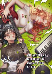  2girls absurdres artist_name beamed_sixteenth_notes black_hair black_nails black_shirt blush bracelet breasts cherry_print choker closed_mouth clothes_writing commentary copyright_name earrings electric_guitar english_commentary food_print fruit_print gibson_sg gold_necklace granitgrey_art green_background grey_eyes guitar highres holding holding_guitar holding_instrument hoop_earrings instrument jewelry keyboard_(instrument) kininatteru_hito_ga_otoko_ja_nakatta koga_mitsuki long_hair lying matching_accessory medium_breasts multiple_girls multiple_rings musical_note necklace on_back oosawa_aya orange_eyes orange_hair parted_lips plectrum_necklace print_shirt red_nails ring shirt short_hair short_sleeves smile sparkle spiked_choker spikes upper_body vinyl_record wavy_hair white_shirt 