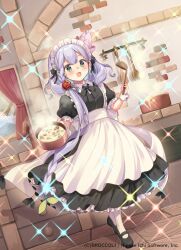  1girl black_bow black_bowtie black_ribbon black_shoes bow bowtie braid cooking_pot copyright_notice flower green_eyes grey_hair hair_flower hair_ornament hair_ribbon holding holding_cooking_pot holding_ladle indoors kitchen ladle lyrph_(z/x) maid maid_headdress official_art open_mouth pink_flower red_flower red_rose ribbon rose shoes single_braid socks solo sparkle stew takase_kou white_socks white_wrist_cuffs wrist_cuffs z/x 