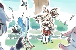  2girls alice_(genshin_impact) bird black_gloves blonde_hair blue_hair blurry blurry_foreground cloud_retainer_(genshin_impact) dress fox ganyu_(genshin_impact) genshin_impact gloves highres long_sleeves multiple_girls outdoors red_dress sitting thigh-highs white_thighhighs xianyun_(genshin_impact) xinzoruo yae_miko yae_miko_(fox) 