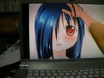  azumawari_(azumofu) azumofu blue_hair blush computer hair_over_one_eye laptop lonely long_hair petting photo photoshop red_eyes the_ring through_screen yamamura_sadako 