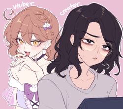  2girls :d aegyo_sal arm_at_side bags_under_eyes bare_shoulders black_choker black_eyes black_hair blush bow braid breasts bright_pupils brown_hair choker closed_mouth collarbone commentary cowlick cross-laced_clothes cross-laced_dress curtained_hair double-parted_bangs drawing_tablet dress dual_persona earrings english_commentary english_text eyelashes frilled_sleeves frills frown furrowed_brow grey_nails grey_shirt hair_behind_ear hair_between_eyes hair_bow hair_ornament hand_on_own_chin hand_up heart heart_choker indie_virtual_youtuber jewelry lips looking_at_viewer looking_up medium_hair mole mole_under_eye multiple_girls nail_polish off-shoulder_dress off_shoulder open_mouth outline pale_skin pink_background pom_pom_(clothes) pom_pom_earrings portrait purple_bow purple_dress rabbit_hair_ornament raised_eyebrows real_life real_life_insert sasu_(sasucchi95) sasucchi95 see-through_clothes see-through_sleeves shirt short_hair short_sleeves simple_background single_braid small_breasts smile sweatdrop swept_bangs teeth thick_eyebrows tsurime upper_teeth_only virtual_youtuber white_outline white_pupils 