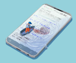  1boy absurdres avogado6 blue_background blue_gloves blue_hat blue_shirt boat brand_name_imitation cellphone fishing_net gloves hat highres mini_person miniboy net original overalls phone red_hair red_overalls ripples shirt simple_background smartphone solo standing symbolism water watercraft wide_shot 