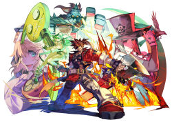  1girl 1other 3boys a.b.a bird black_gloves black_hat blonde_hair blue_eyes bridget_(guilty_gear) brown_hair commentary company_name copyright_name copyright_notice cropped_jacket crow english_commentary fingerless_gloves fire full_body gloves group_picture guilty_gear guilty_gear_strive hankuri hat high_ponytail highres holding holding_sword holding_weapon jacket long_hair multiple_boys official_art pants ponytail potemkin_(guilty_gear) red_jacket second-party_source sol_badguy solo_focus sword testament_(guilty_gear) top_hat trap weapon 