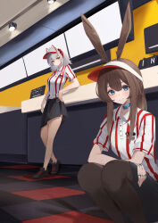  2girls absurdres amiya_(arknights) animal_ears antenna_hair arknights black_skirt blue_choker blue_eyes brown_hair brown_pantyhose buttons checkered_floor choker closed_mouth collared_shirt counter crossed_arms employee_uniform fast_food_uniform grey_hair hair_between_eyes highres indoors jewelry long_hair looking_at_viewer medium_hair miniskirt multicolored_hair multiple_girls multiple_rings pantyhose pleated_skirt polo_shirt red_hair red_shirt remapack77 ring shirt short_sleeves skirt smile squatting standing streaked_hair striped_clothes striped_shirt vertical-striped_clothes vertical-striped_shirt visor_cap w_(arknights) white_shirt yellow_eyes 