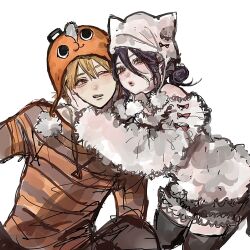  1boy 1girl animal_ear_headwear black_hair black_thighhighs chainsaw_man character_hat denji_(chainsaw_man) fur_sweater grey_eyes grey_shirt hair_bun highres leigh_113n multicolored_shirt one_eye_closed orange_shirt pochita_(chainsaw_man) pom_pom_(clothes) reze_(chainsaw_man) sharp_teeth shirt striped_clothes striped_shirt sweater teeth thigh-highs white_background white_sweater yellow_eyes 