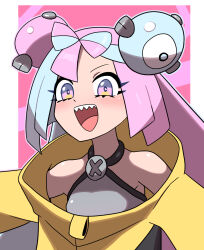  1girl :d bow-shaped_hair character_hair_ornament commentary_request grey_shirt hair_ornament happy highres iono_(pokemon) jacket long_hair multicolored_hair omoitsuka open_mouth pink_eyes pokemon pokemon_sv sharp_teeth shirt sleeveless sleeveless_shirt smile solo teeth tongue two-tone_hair upper_body upper_teeth_only yellow_jacket 