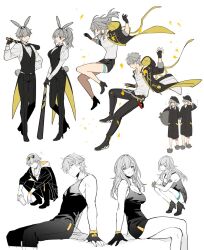  1boy 1girl alternate_costume alternate_hairstyle animal_ears arm_behind_back bare_shoulders baseball_bat black_boots black_bow black_bowtie black_coat black_dress black_gloves black_hat black_jacket black_pajamas black_pants black_shirt black_skirt black_slippers black_tank_top black_vest boots bow bowtie breasts caelus_(honkai:_star_rail) caelus_(world_tour_2023)_(honkai:_star_rail) closed_mouth coat collared_shirt crossed_legs cup disposable_cup dress drinking_straw dual_persona eyewear_on_head fake_animal_ears fake_tail fingerless_gloves floating_clothes floating_hair flying full_body gloves grey_hair hair_between_eyes hands_up hat hidakarumen high_heel_boots high_heels high_ponytail holding holding_baseball_bat holding_cup holding_hands holding_stuffed_toy honkai:_star_rail honkai_(series) jacket long_hair long_sleeves medium_breasts miniskirt multiple_views nightcap notice_lines official_alternate_costume one_eye_closed open_clothes open_coat open_jacket open_mouth pajamas pants petals ponytail puffy_long_sleeves puffy_sleeves rabbit_ears rabbit_tail shirt short_hair sidelocks simple_background sitting skirt sleeveless sleeveless_dress slippers smile squatting stelle_(honkai:_star_rail) stuffed_toy sunglasses t-shirt tail tank_top thigh_strap trailblazer_(honkai:_star_rail) two-sided_coat two-sided_fabric two-sided_jacket vest white_background white_shirt wristband yellow_coat yellow_eyes yellow_jacket 