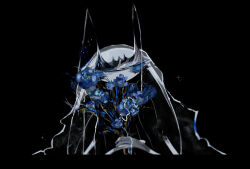  1girl absurdres alternate_color antennae arthropod_girl black_background black_theme blue_eyeshadow blue_flower blue_rose blurry bouquet closed_eyes commentary_request dated_commentary depth_of_field eyelashes eyeshadow flower furry furry_female hands_up highres holding holding_bouquet iogi_(iogi_k) long_hair makeup own_hands_together partial_commentary pheromosa pokemon pokemon_(creature) rose shiny_pokemon simple_background solo sparkle straight-on translucent_hair u_u upper_body 