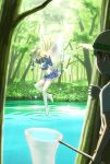  1boy 1girl barefoot blonde_hair bug_net fairy fairy_wings flower hat head_wreath highres holding holding_shoes long_hair mankappa nature original pointy_ears sandals shoes_removed skirt smile sparkle tree water wings 