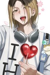  1boy absurdres backpack bag black_hair blonde_hair blush brown_hair candy food haikyuu!! headphones headphones_around_neck heart heart-shaped_food heart-shaped_lollipop highres holding holding_candy holding_food holding_lollipop kozume_kenma lollipop lollipop_in_mouth looking_at_viewer male_focus multicolored_hair shaped_lollipop shujxxn slit_pupils solo teeth two-tone_hair upper_body 