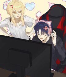  1boy 1girl alternate_costume alternate_universe anger_vein animal_ear_hairband animal_ear_headphones animal_ears arm_tattoo arms_at_sides black_bra black_hair black_shirt black_sleeves blonde_hair blunt_ends bra breasts bright_pupils casual cat_ear_headphones cat_ears chair contemporary fake_animal_ears food furrowed_brow gaming_chair genshin_impact grey_eyes hair_between_eyes hairband hands_on_own_hips headphones heart hldaisuki ice_cream long_sleeves looking_at_another looking_at_object lumine_(genshin_impact) medium_breasts monitor neck_tattoo open_mouth rainbow scaramouche_(genshin_impact) see-through_clothes see-through_shirt shirt short_hair short_hair_with_long_locks short_sleeves sidelocks sitting swivel_chair tattoo teeth tsurime underwear upper_teeth_only white_pupils white_shirt white_sleeves wide-eyed wispy_bangs yellow_background yellow_eyes 