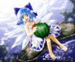  :d alternate_color barefoot blue_eyes blue_hair bow cirno feet_in_water food fruit hair_bow holding holding_fruit open_mouth ripples short_hair sitting smile soaking_feet solo touhou watashi_no_sekai water watermelon wings 