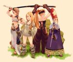  axe blonde_hair bracelet braid breasts cleavage dagger dancer_(fft) final_fantasy final_fantasy_tactics geomancer_(fft) gloves hat highres jewelry katana long_hair midriff ponytail revised revision ring robe samurai_(fft) staff sword thighs time_mage time_mage_(fft) uyama_hajime weapon wristband 