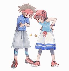  2boys arrow_(symbol) black_leggings blue_jacket blue_shirt bodysuit bodysuit_under_clothes bracelet bright_pupils brown_eyes brown_hair bucket_hat closed_mouth crossed_arms elio_(pokemon) grey_pants hands_on_own_hips hat highres jacket jewelry leggings looking_down male_focus multiple_boys nate_(pokemon) open_mouth pants pokemon pokemon_bw2 pokemon_usum red_hat red_shoes shirt shoes short_hair sleeveless sleeveless_shirt smile tan_carbonnn 