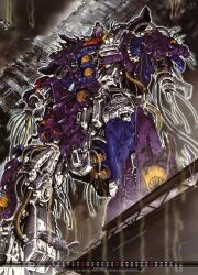  1980s_(style) 1990s_(style) absurdres after_battle battle beam_cannon cable calendar_(medium) chest_cannon colony_drop damaged debris destruction gundam gundam_zz highres machinery mecha mecha_focus mobile_suit mutaguchi_hiroki neo_zeon no_humans o&#039;neill_cylinder official_art psycho_gundam_mk_ii realistic retro_artstyle robot scan scene_reference science_fiction smoke solo spoilers v-fin wreckage 