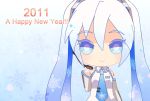  2011 blue_hair chibi close detached_sleeves female gradient_hair hatsune_miku headphones necktie smile snowflakes twintails vocaloid white_hair 