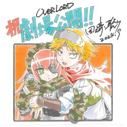  2girls ainz_ooal_gown artist_name artist_request black_pants blonde_hair blue_eyes camouflage camouflage_gloves camouflage_headwear camouflage_scarf copyright_name cross-shaped_pupils cz2128_delta dated eyepatch gauntlets green_eyes green_vest highres hug long_hair maid maid_headdress multiple_girls neia_baraja orange_background orange_hair overlord_(maruyama) pants shirt short_hair signature simple_background skull skull_and_crossbones small_pupils smile symbol-shaped_pupils thumbs_up title two-tone_background unconventional_maid vest white_background white_shirt woodland_camouflage 