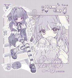  1girl :o animal_ears artist_name baby_animal black_arm_warmers black_bow black_bowtie black_eyes black_hairband black_shirt black_shoes blunt_bangs bow bowtie buttons can cat collared_shirt cross-laced_hairband cross_brooch cross_hair_ornament dot_nose drink_can floppy_ears foot_up full_body grey_background grey_hair grey_hairband grey_jacket grey_ribbon grey_theme hair_intakes hair_ornament hair_ribbon hairband halftone hands_on_own_face highres jacket kitten lace-trimmed_hairband lace_trim light_blush long_hair low_twintails mary_janes multiple_views on_fence original outline pantyhose parted_lips rabbit_ears ribbon sample_watermark shirt shoes sidelocks sitting sitting_on_fence soda_can striped_arm_warmers striped_clothes striped_pantyhose tushou twintails two-tone_arm_warmers two-tone_pantyhose watermark weibo_watermark white_arm_warmers white_hairband white_outline white_shirt 
