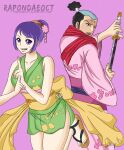  1boy 1girl absurdres aged_up artist_name back-to-back black_hair hair_ornament high_ponytail highres holding holding_sword holding_weapon japanese_clothes katana looking_at_viewer momonosuke_(one_piece) one_piece open_mouth ponytail purple_background purple_hair rapondaeoct sandals short_hair short_ponytail smile sword tama_(one_piece) violet_eyes weapon web_address 