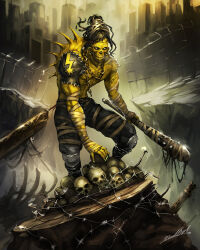  apocalypse armor ars_goetia asymmetrical_arms bandaged_arm bandaged_leg bandages barbatos_(ars_goetia) barbell_piercing baseball_bat belt black_hair black_pants boots chain chain_around_neck cityscape colored_skin destruction ear_piercing earrings eyebrow_piercing face_piercing heavy_metal highres holding holding_weapon industrial_piercing jewelry knee_guards long_hair looking_at_viewer madowl multiple_piercings pants piercing pile_of_skulls punk skull smile solo spiked_bat spikes stitches underworld weapon 