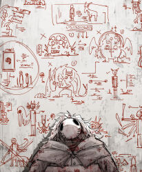  1other against_wall blood blood_in_hair blood_on_clothes blot_plot brown_capelet capelet commentary_request drawing_(object) graffiti kankan33333 karune_(kankan33333) looking_at_viewer mask monster on_wall original plague_doctor_mask straight-on upper_body white_hair 