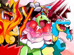 absurdres antennae artist_name black_fur blue_skin boar claws colored_skin crocodilian emboar fangs feraligatr fiery_hair flower green_skin harlequinwaffles highres holding holding_staff hood hunched_over long_neck mega_emboar mega_feraligatr mega_meganium mega_pokemon meganium no_humans orange_fur orange_skin pokemon pokemon_(creature) pokemon_focus pokemon_legends:_z-a sauropod skin_fangs spikes spines staff starter_pokemon_trio tusks yellow_eyes