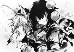  2girls animal_ears hat ikeda_ruriko inubashiri_momiji looking_at_viewer medium_hair multiple_girls pom_pom_(clothes) shameimaru_aya solo tokin_hat touhou white_background white_hair wolf_ears 