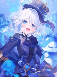  1girl 3others ahoge amenosaka_nono aqua_eyes ascot blue_ascot blue_eyes blue_hair blue_shirt drop-shaped_pupils fish furina_(genshin_impact) genshin_impact gentilhomme_usher hair_between_eyes hat heterochromia highres hydro_symbol_(genshin_impact) light_blush long_sleeves looking_at_viewer mademoiselle_crabaletta medium_hair multicolored_hair multiple_others octopus open_mouth seahorse shirt smile surintendante_chevalmarin symbol-shaped_pupils top_hat vision_(genshin_impact) white_hair 