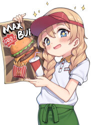  +_+ 1girl blonde_hair blue_eyes blush braid burger cheese collared_shirt cup disposable_cup drinking_straw employee_uniform fast_food_uniform flyer food french_fries highres holding_flyer isinose_(ilxodidli) k-on! kotobuki_tsumugi name_tag open_mouth price shirt shirt_tucked_in simple_background solo sparkle twin_braids visor_cap white_background 