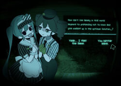  2girls :d blush_stickers closed_mouth commentary crossover cursor dress drill_hair english_text fake_screenshot gloves hat hatsune_miku kasane_teto long_hair looking_at_another looking_at_viewer medium_hair mesmerizer_(vocaloid) multiple_girls necktie nervous_smile night no_i&#039;m_not_a_human outdoors overalls pinstripe_dress pinstripe_pattern pinstripe_shirt shirt smile solid_circle_eyes symbol-only_commentary tamakiwachi tongue tongue_out twin_drills twintails user_interface very_long_hair visor_cap vocaloid 