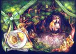  celestial_stones chibi_(shimon) citrine_(personification) crystal dish food forest fork fruit gem knife lemon light_smile long_hair nature original personification purple_hair ribbon sitting solo tree very_long_hair yellow_eyes 