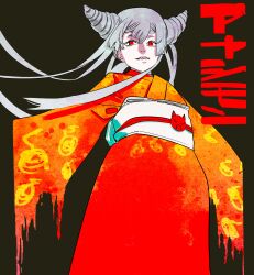  1girl absurdres ayashimon black_background blunt_bangs center-flap_bangs commentary_request cone_hair_bun copyright_name demon_girl demon_horns eyelashes floating_hair food from_below fruit fujimoto_tatsuki grey_hair hair_bun hair_horns highres horns japanese_clothes kimono long_hair long_sleeves nostrils obi obidome obijime orange_(fruit) orange_kimono orange_slice red_eyes red_kimono red_sleeves sash sharp_teeth short_eyebrows solo teeth thick_thighs thighs translated two-tone_kimono two-tone_sleeves urara_(ayashimon) 