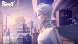  1boy bird blue_eyes blurry blurry_background bodysuit borrowed_clothes brooch cape chinese_commentary commentary_request copyright_logo depth_of_field dove gold_trim hair_slicked_back highres jewelry lin_ling_(to_be_hero_x) logo male_focus official_alternate_costume official_art outdoors promotional_art serious short_hair skyline solo to_be_hero to_be_hero_x upper_body white_bodysuit white_cape white_hair 