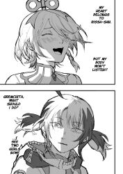  absurdres ahoge blush cecilia_immergreen cecilia_immergreen_(1st_costume) chainsaw_man closed_eyes detached_collar english_text gigi_murin gigi_murin_(1st_costume) greyscale highres hololive hololive_english hood hoodie kizuru09 laughing monochrome open_mouth scene_reference sharp_teeth teeth twintails virtual_youtuber winding_key yuri zipper zipper_pull_tab 