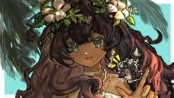  1girl :d absurdres aqua_background bare_shoulders blue_eyes brown_hair chibi chibi_inset dark-skinned_female dark_skin fatutu finger_gun flower hair_flower hair_ornament halter_shirt halterneck hand_up hibiscus highres leaf_hair_ornament long_hair looking_at_viewer multiple_views open_mouth palm_leaf portrait reverse:1999 shirt sleeveless sleeveless_shirt smile white_background white_flower xiangrikui_zhengdan 