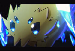  animal_focus blue_eyes blue_gemstone blurry blurry_foreground commentary_request dated_commentary depth_of_field gem iogi_(iogi_k) joltik letterboxed no_humans partial_commentary pokemon pokemon_(creature) solo 