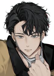  1boy absurdres black_hair closed_mouth grey_eyes haikyuu!! highres jacket looking_at_viewer male_focus mask mask_pull mole mole_on_forehead mouth_mask mouth_pull myanya sakusa_kiyoomi short_hair simple_background solo white_background 