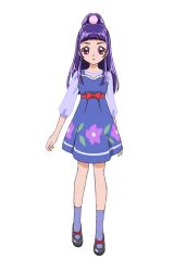  1girl black_shoes blue_dress blue_socks blunt_bangs dress floral_print flower full_body izayoi_liko long_hair long_sleeves looking_at_viewer mahou_girls_precure! official_art ponytail precure print_dress purple_flower purple_hair second-party_source shoes simple_background socks solo standing tachi-e transparent_background violet_eyes 