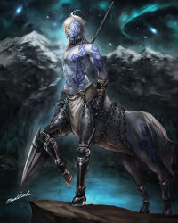  1boy arm_tattoo armor armored_boots armored_gloves ars_goetia blonde_hair boots centaur chain_around_leg chest_tattoo creature demon ear_piercing facial_tattoo gamijin_(ars_goetia) gauntlets highres holding holding_polearm holding_weapon hooves lance long_hair madowl male_focus mountainous_horizon night night_sky open_mouth piercing polearm shooting_star sky solo star_(sky) starry_sky tail tattoo taur weapon 