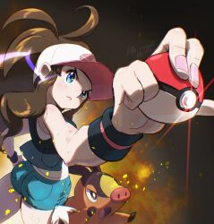  1girl ass black_vest blue_eyes blue_shorts brown_hair exposed_pocket foreshortening h_renah highres hilda_(pokemon) holding holding_poke_ball long_hair poke_ball poke_ball_(basic) pokemon pokemon_(creature) pokemon_bw ponytail serious shirt short_shorts shorts tepig vest white_shirt 