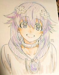  1girl collar colored_pencil_(medium) cwind hair_ornament neptune_(neptunia) neptune_(series) smile sweater traditional_media 