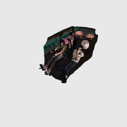  1girl 2boys absurdres biyoo_(omniscient_reader&#039;s_viewpoint) black_coat black_hair car coat crossed_ankles denim driving from_above full_body green_shirt han_sooyoung highres indoors isometric jeans kim_dokja lp_(sangkuranak) motor_vehicle multiple_boys night omniscient_reader&#039;s_viewpoint outstretched_legs pants railing road seatbelt shirt short_hair sitting sleeves_rolled_up steering_wheel street white_shirt yoo_joonghyuk 