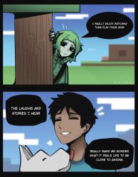 1boy 1girl absurdres artist_name behind_tree black_border black_eyes black_hair border braid choppy_bangs closed_eyes closed_mouth colored_skin commentary creeper dark-skinned_male dark_skin day dog english_commentary english_text green_hair green_skin grin hiding highres licking medium_hair mikuneki minecraft notice_lines original outdoors personification short_hair smile speech_bubble steve_(minecraft) tree twin_braids 