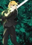  androgynous blonde_hair fate/stay_night fate/zero fate_(series) formal green_eyes open_mouth pant_suit reverse_trap saber suit sword tomboy weapon 