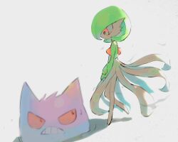  1girl backlighting colored_sclera colored_skin commentary eye_contact flat_chest from_side gardevoir gengar green_skin highres intangible jari_(jje11y12) looking_at_another looking_down looking_to_the_side looking_up multicolored_skin no_feet own_hands_together pokemon pokemon_(creature) pokemon_mystery_dungeon pokemon_mystery_dungeon:_red/blue_rescue_team profile red_eyes red_sclera standing standing_on_one_leg sweat teeth through_ground two-tone_skin white_skin 