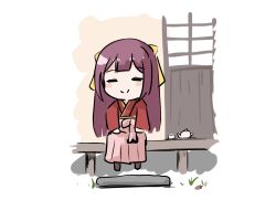  1girl bow closed_eyes cup facing_viewer full_body hakama hakama_skirt highres japanese_clothes kamikaze_(kancolle) kantai_collection kashiwa_no_udon kimono meiji_schoolgirl_uniform pink_hakama purple_hair red_kimono skirt solo teacup teapot veranda yellow_bow 